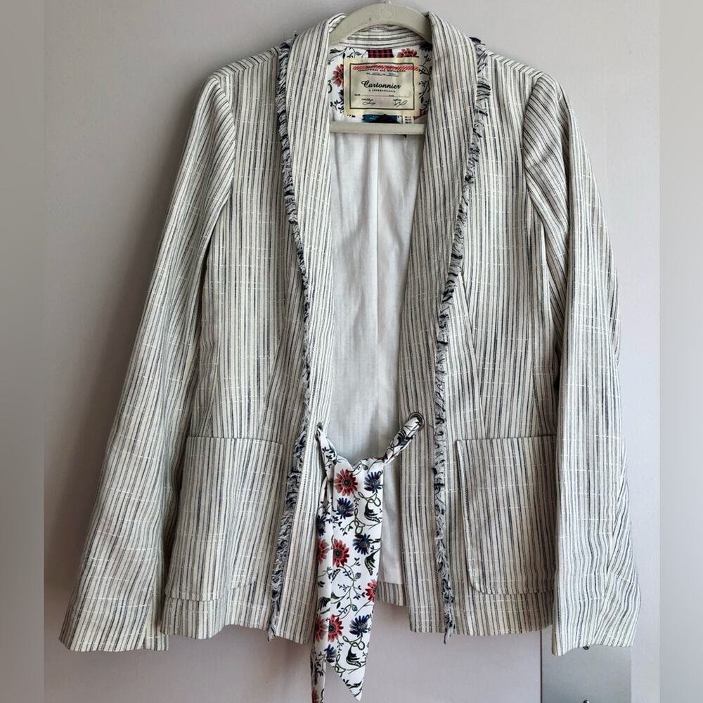 Anthropologie Cartonnier RARE Striped Fringed Linen White Blazer Women’s Size 8 - Picture 3 of 13